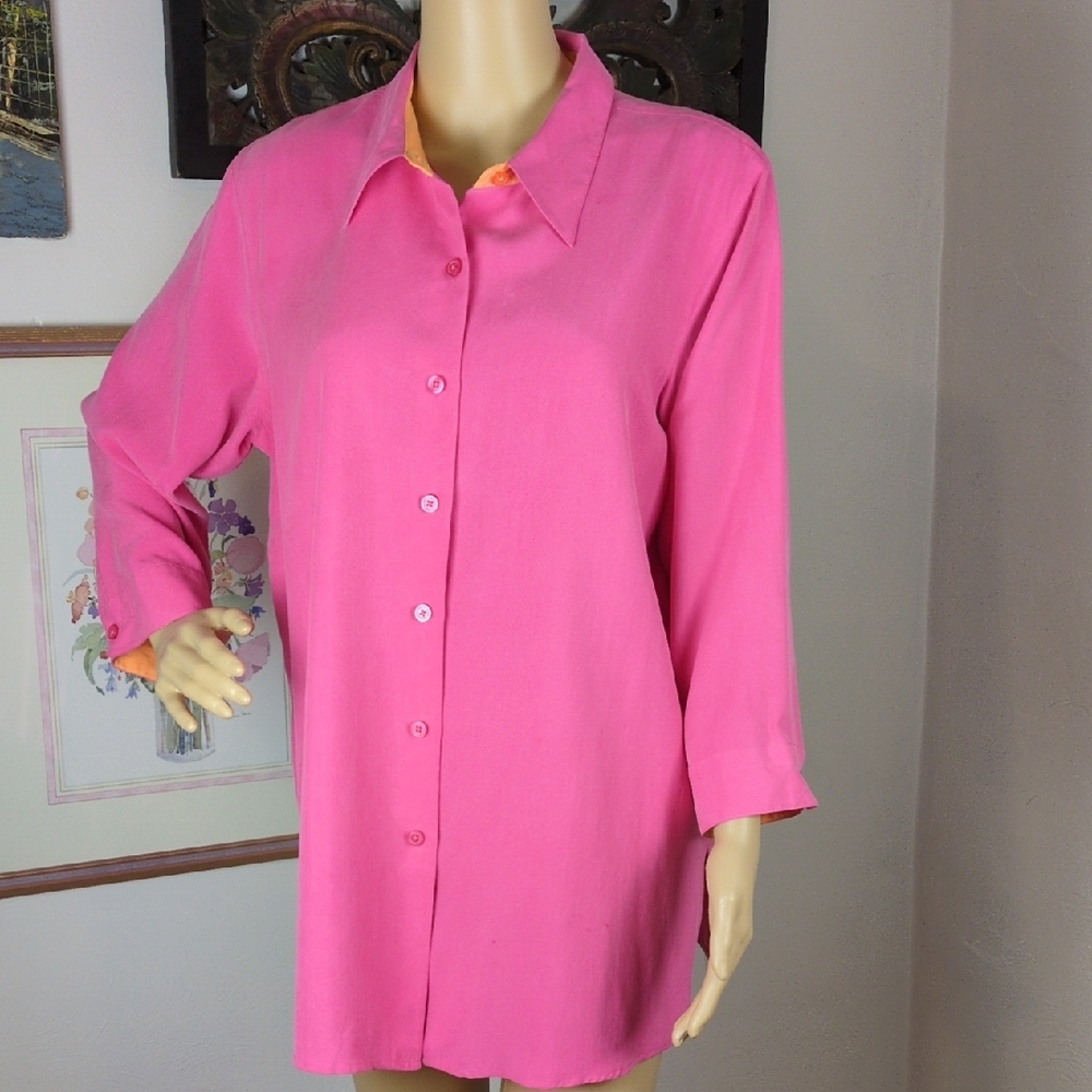 Silk Bright Pink Button-Up Shirt Large